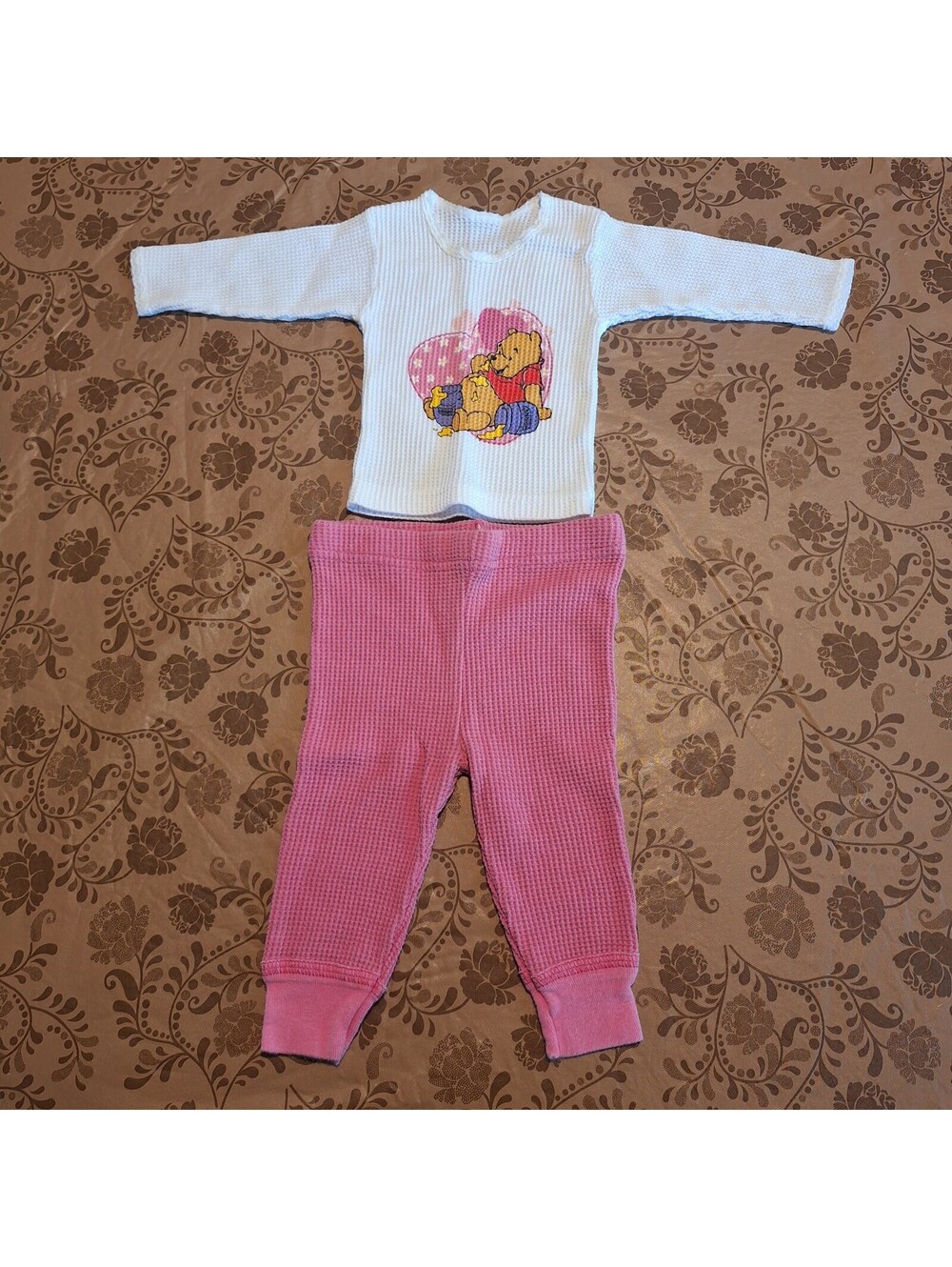 VTG 90s Winnie The Pooh 2pc Thermal Wear Pink Pajama Set Infant Girls 6-12 Month